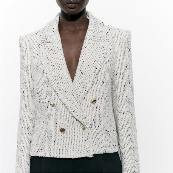Zara Textured Double Breasted Tweed Crop Blazer size XS White - Picture 1 of 9